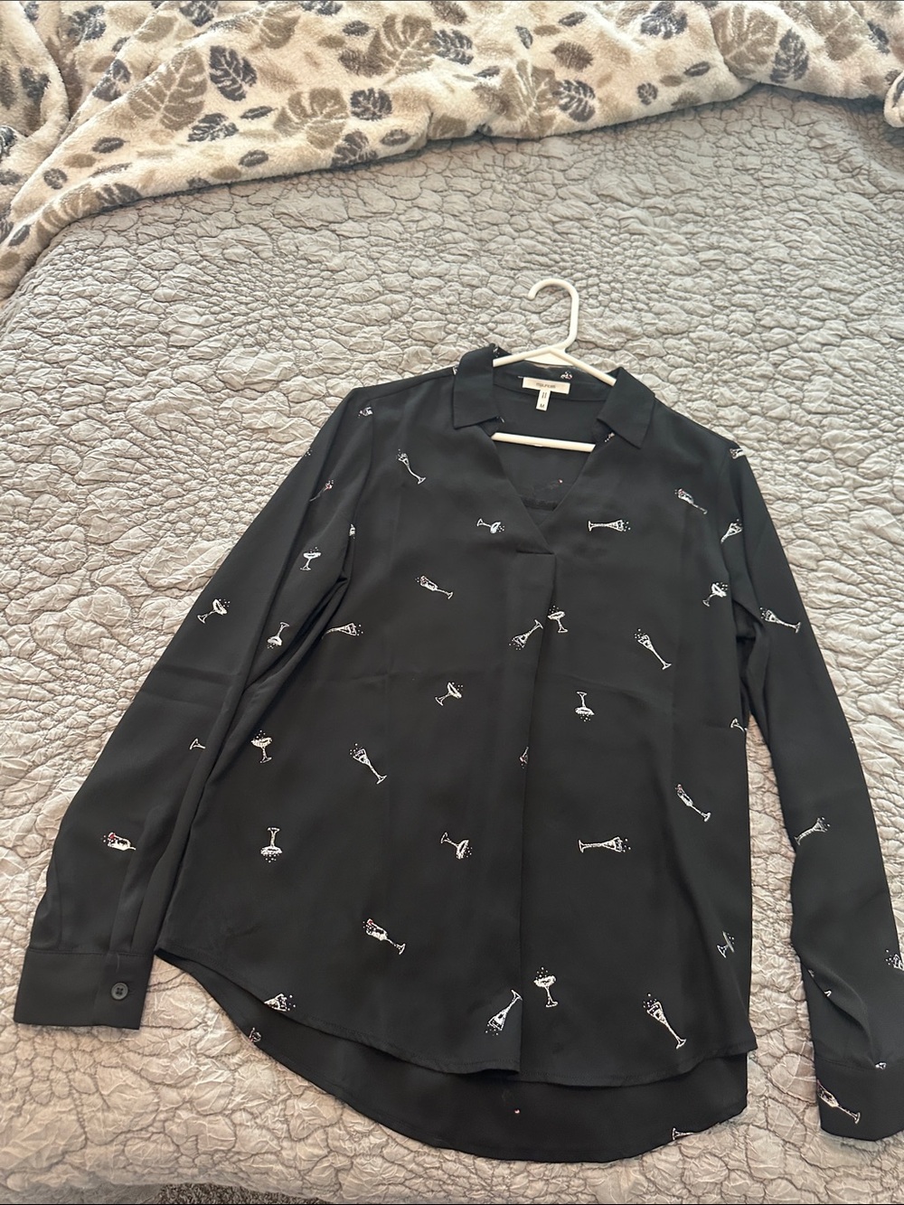Black Button-Down Shirt with Cocktail Glass Print